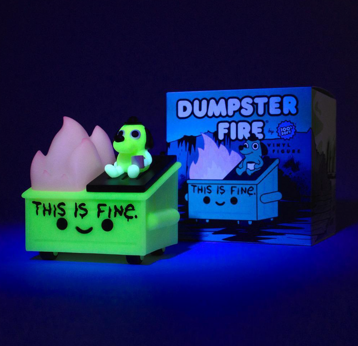 100% Soft Dumpster Fire THIS IS FINE VINYL FIGURE GLOW IN THE DARK 2023 San Diego Comic Con Limited Edition