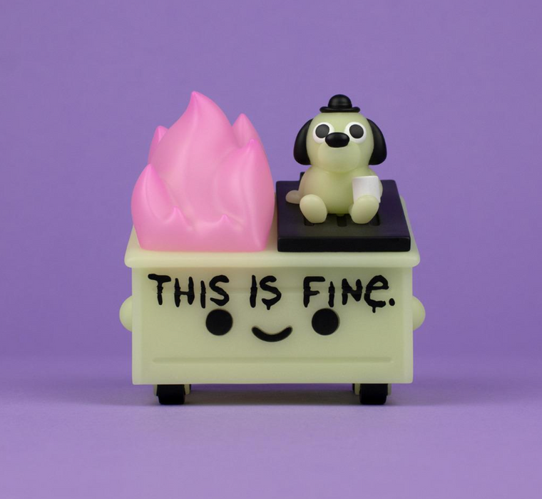 100% Soft Dumpster Fire THIS IS FINE VINYL FIGURE GLOW IN THE DARK 2023 San Diego Comic Con Limited Edition